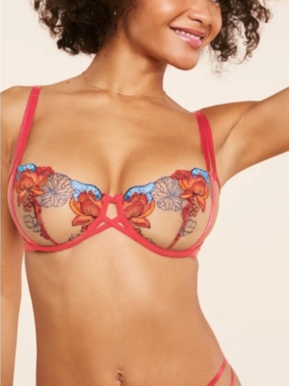 Adore Me Red Sheer Floral Embroidered Demi Bra